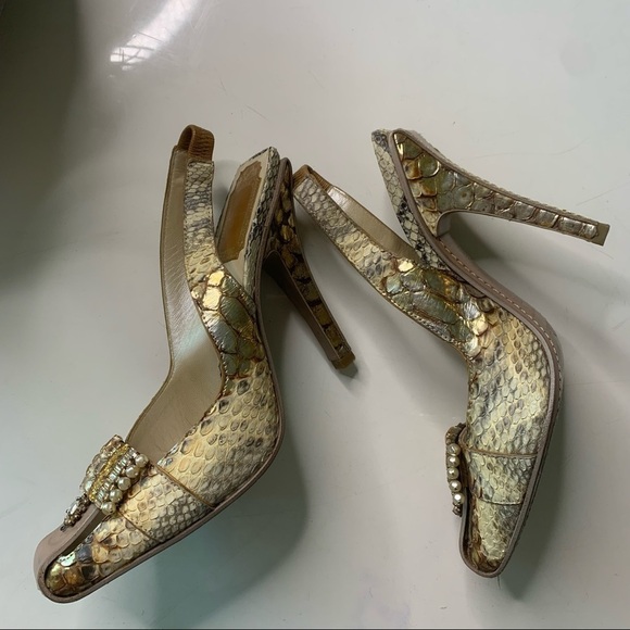 Vintage Christian Dior python square toe Jeweled gold sling back stiletto - Picture 3 of 16